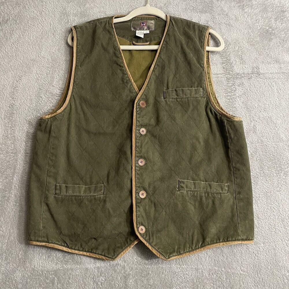The Territory Ahead Quilted Vest Mens Large Green Trim Pockets Back Buckle